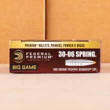 A photograph detailing the 30.06 Springfield ammo with Trophy Bonded Tip bullets made by Federal.