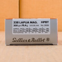 A photograph detailing the 338 Lapua Magnum ammo with Hollow-Point Boat Tail (HP-BT) bullets made by Sellier & Bellot.