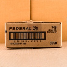 A box of Federal ammo in .22 Long Rifle that's often used for hunting varmint sized game, training at the range.