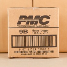 A photo of a box of PMC ammo in 9mm Luger.