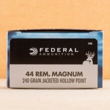 A photograph detailing the 44 Remington Magnum ammo with JHP bullets made by Federal.