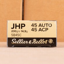 A photograph of 50 rounds of 230 grain .45 Automatic ammo with a JHP bullet for sale.