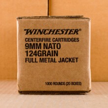Photo detailing the 9mm NATO Winchester 124 GRAIN FMJ (1000 ROUNDS) for sale at AmmoMan.com.