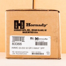 A photo of a box of Hornady ammo in 22-250 Remington.