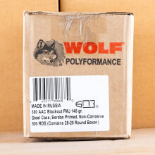 Photo detailing the 300 AAC BLACKOUT WOLF 145 GRAIN FMJ (500 ROUNDS) for sale at AmmoMan.com.