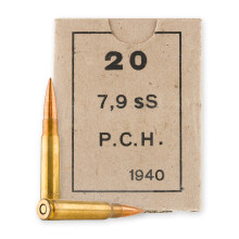 A photo of a box of Military Surplus ammo in 8mm Mauser JS that's often used for training at the range.
