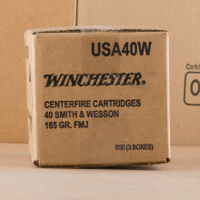 A photograph detailing the .40 Smith & Wesson ammo with FMJ bullets made by Winchester.