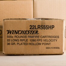Photograph of .22 Long Rifle ammo with copper plated hollow point ideal for hunting varmint sized game, training at the range.