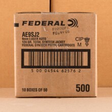 Photograph showing detail of 9MM FEDERAL SYNTECH RANGE 124 GRAIN TSJ FN (500 ROUNDS)