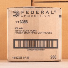 Photo detailing the 308 WIN FEDERAL POWER SHOK 180 GRAIN SP (200 ROUNDS) for sale at AmmoMan.com.