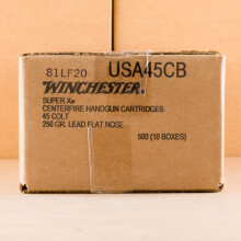 A photograph detailing the .45 COLT ammo with Lead Flat Nose bullets made by Winchester.